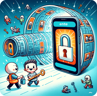 Cartoon of users exploring a
privacy focused photos app like Ente
