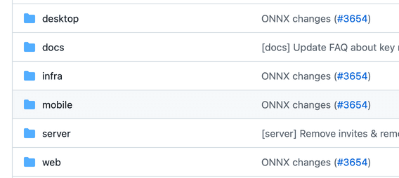 Screenshot of the GitHub view of a pull request that changed multiple subsystems in Ente's repository