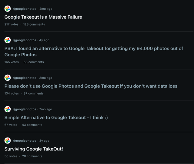 Screenshot from Google Photos
subreddit indicating the large number of threads complaining about Takeout