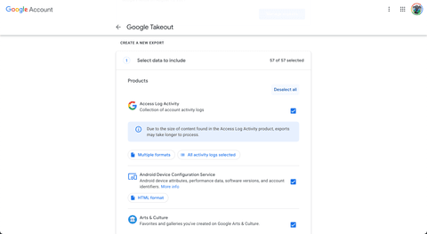 Google Takeout - Create a new export