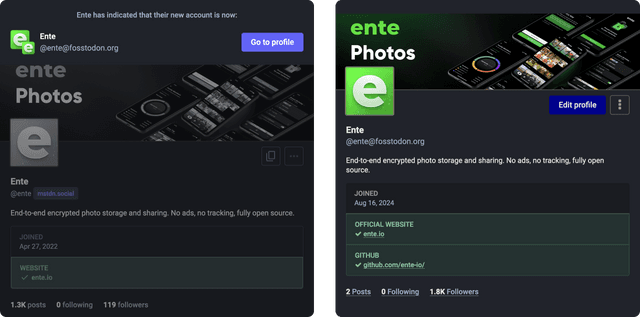 Ente's old and new accounts on Mastodon