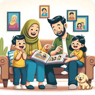 Cartoon of a family going
through their photos together